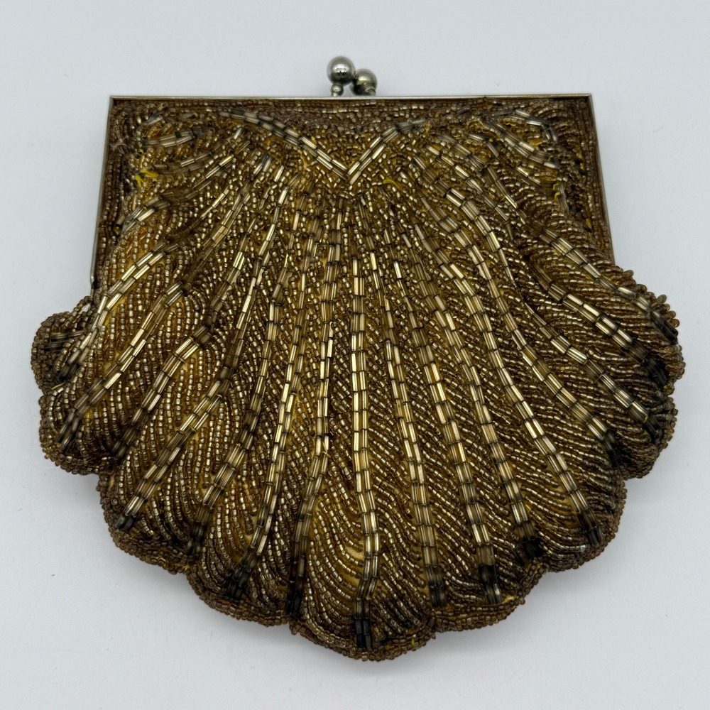 Vintage 50s Walborg Beaded Clutch Bag Gold Shell Shape Evening Purse